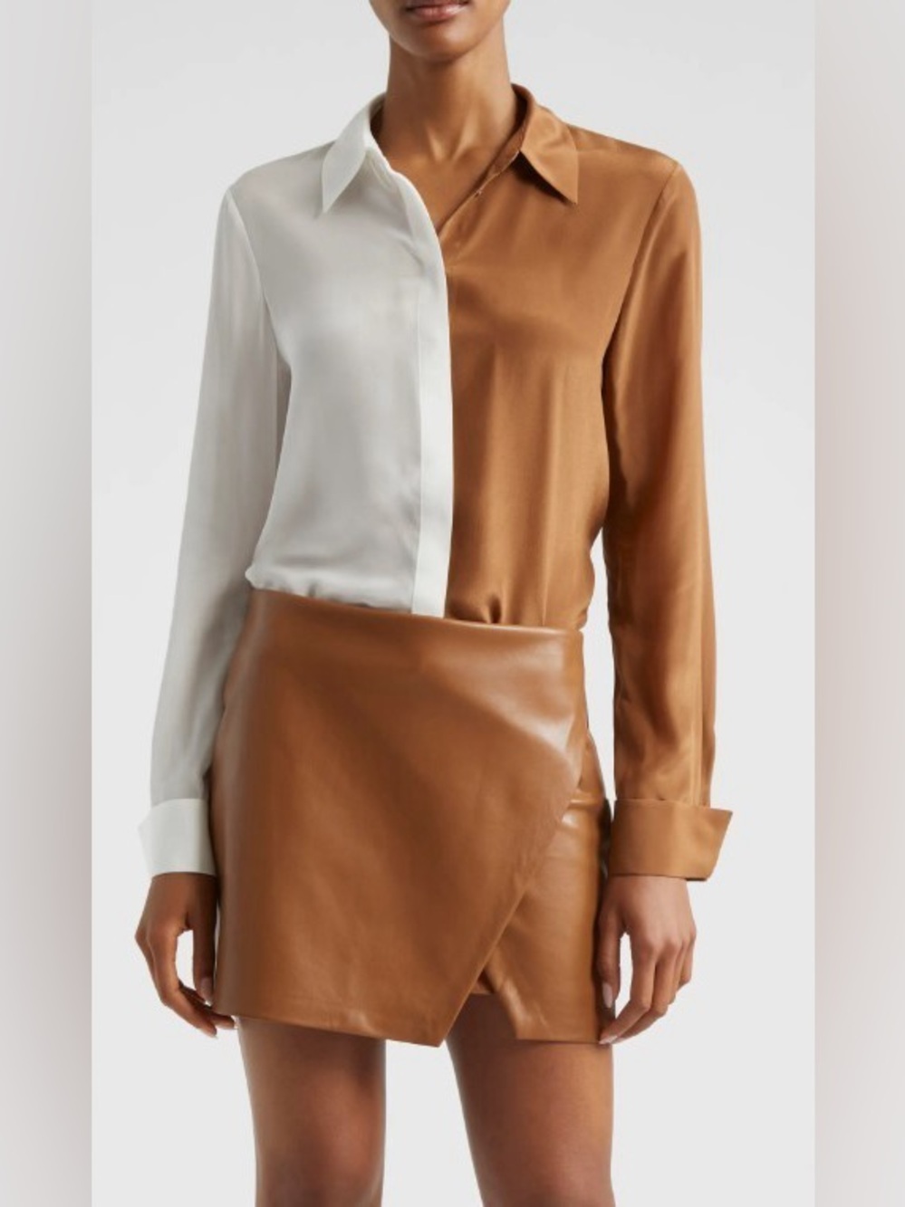 Alice + Olivia Willa 100% Silk Colorblock Button Down Blouse Brown Ivory Small